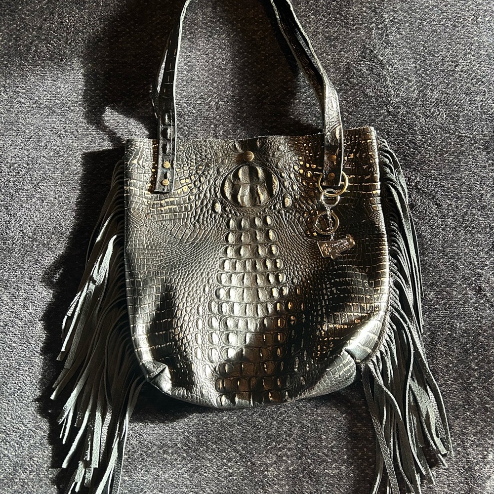 Fringed Black Crocodile-Embossed Tote Bag with Silver toned accents